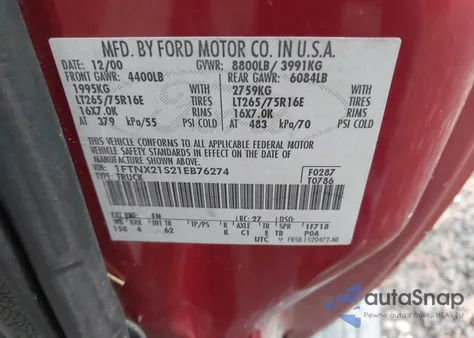 2001 Ford F-250 Lariat/Xl/Xlt z USA, uszkodzony, nr VIN 1FTNX21S21EB76274